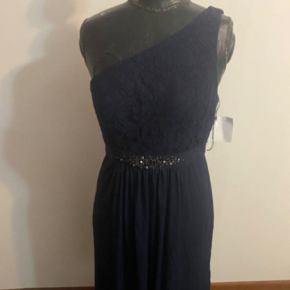 Adrianna Papell Navy 1 Shoulder Lace bodice embellished waist dress, size 14